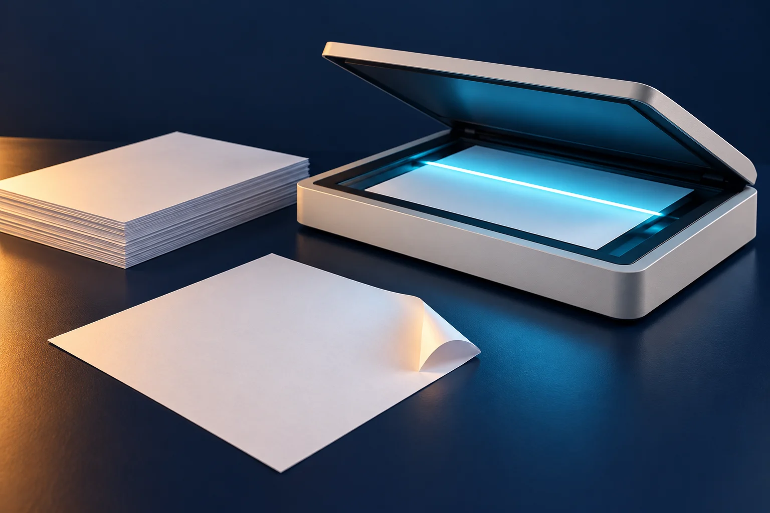 A flatbed scanner illuminating a blank sheet beside a paper stack and folded document.