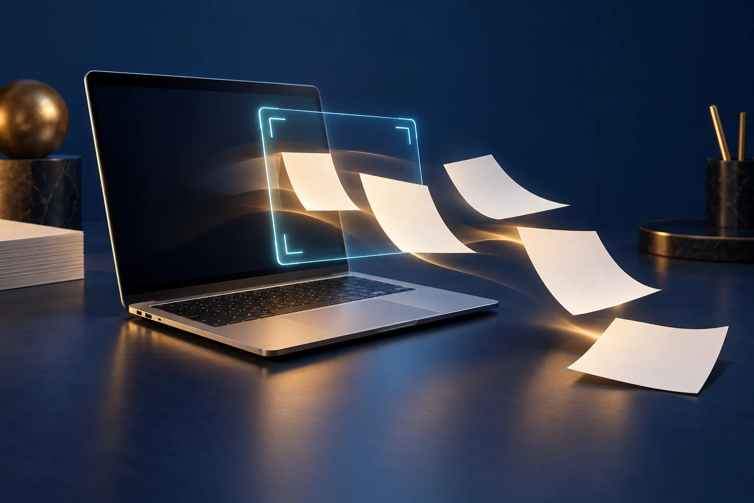 A silver laptop with a cyan capture frame and blank paper sheets drifting across a navy desk.