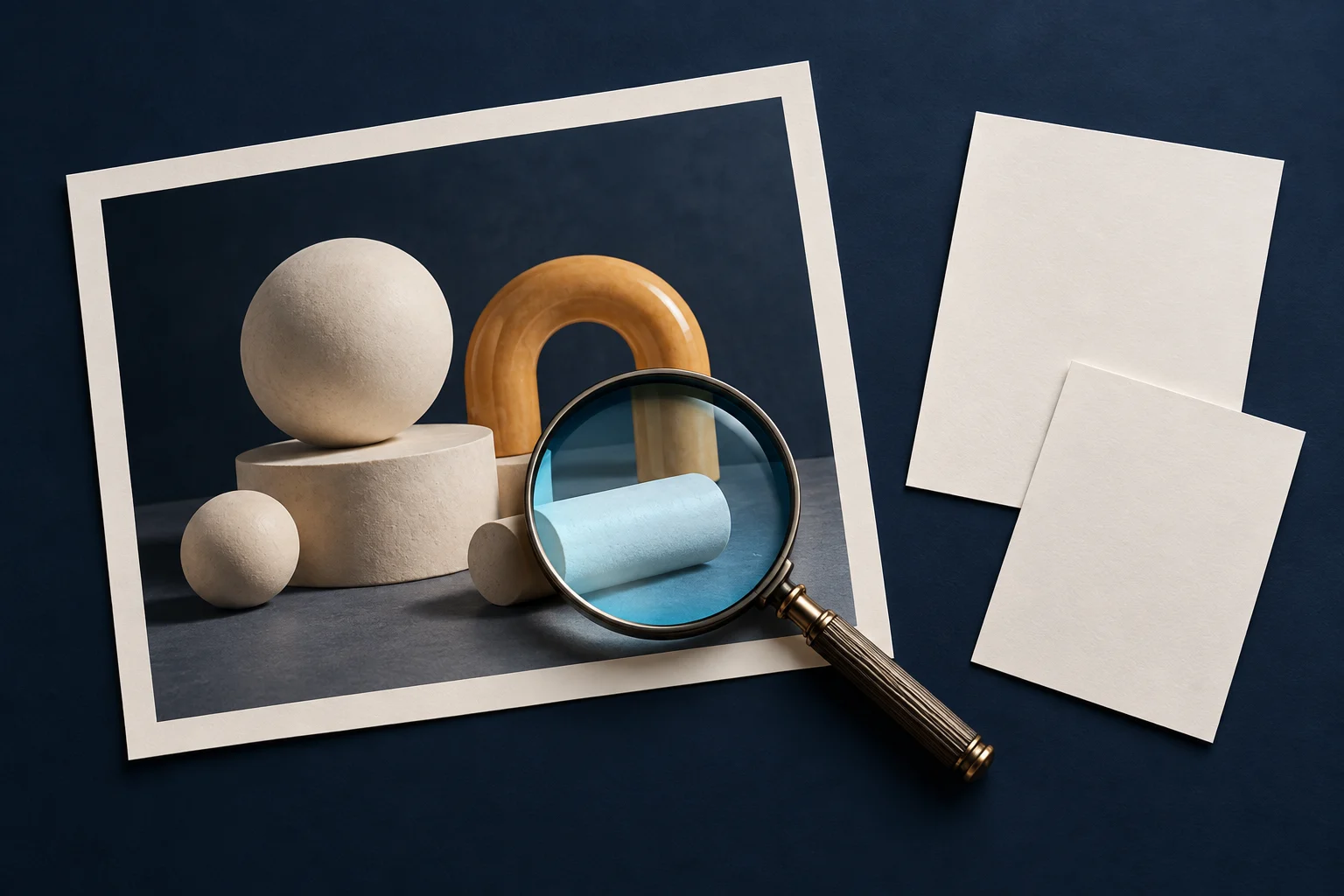 A magnifying glass over a photograph of geometric objects, beside two blank paper cards.