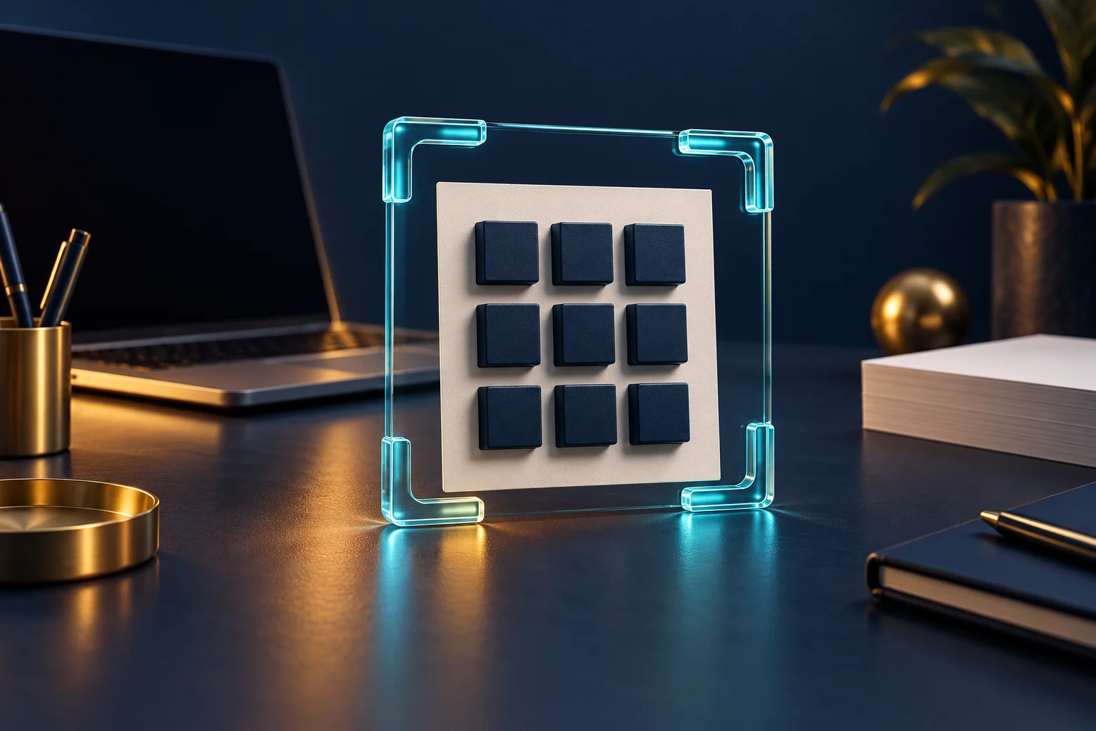 A cyan glass scanning frame around nine decorative navy blocks, with a blank laptop behind it.