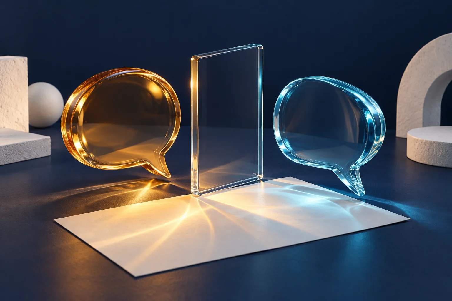 Amber and cyan glass speech bubbles beside a transparent frame above a blank paper sheet.